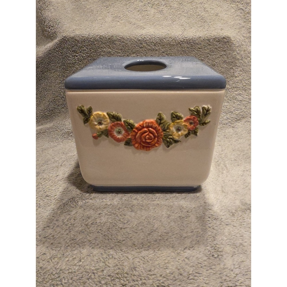 Masterpiece Ceramic Tissue Cover Floral Pattern Cottage Blue Top With Handles
